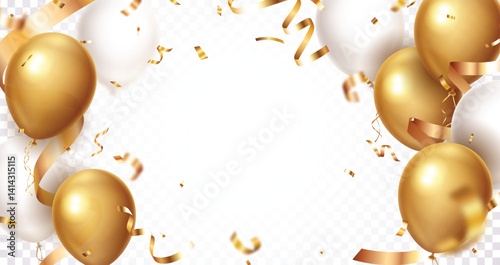 Gold balloons, confetti and ribbon celebrations banner element