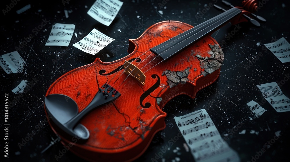 Naklejka premium Damaged violin on dark surface with scattered sheet music