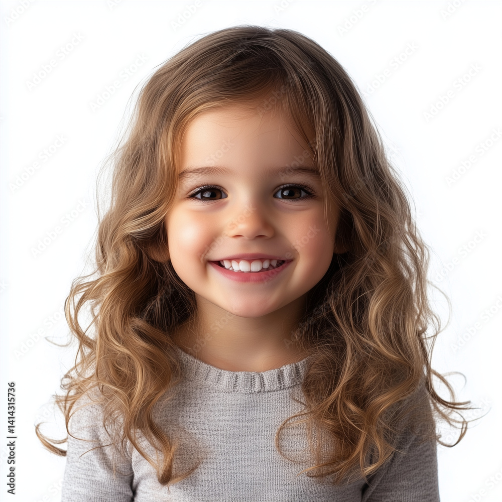 smiling little girl with curly hair on white background, radiating joy and innocence. Her bright smile captures sense of happiness and warmth smiling little girl with curly hair on white background, radiating joy and innocence. Her bright smile captures sense of happiness and warmth