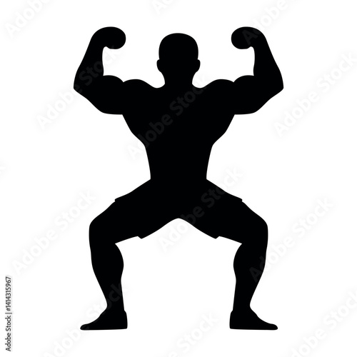Muscular man squatting, bodybuilder vector silhouette