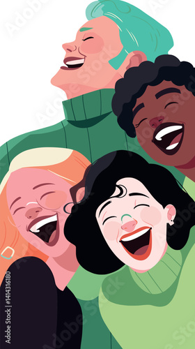 Diverse group of young adults laughing together in joyful unity flat vector illustration