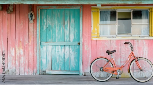 A pastel colored beach hut has a bicycle parked outside