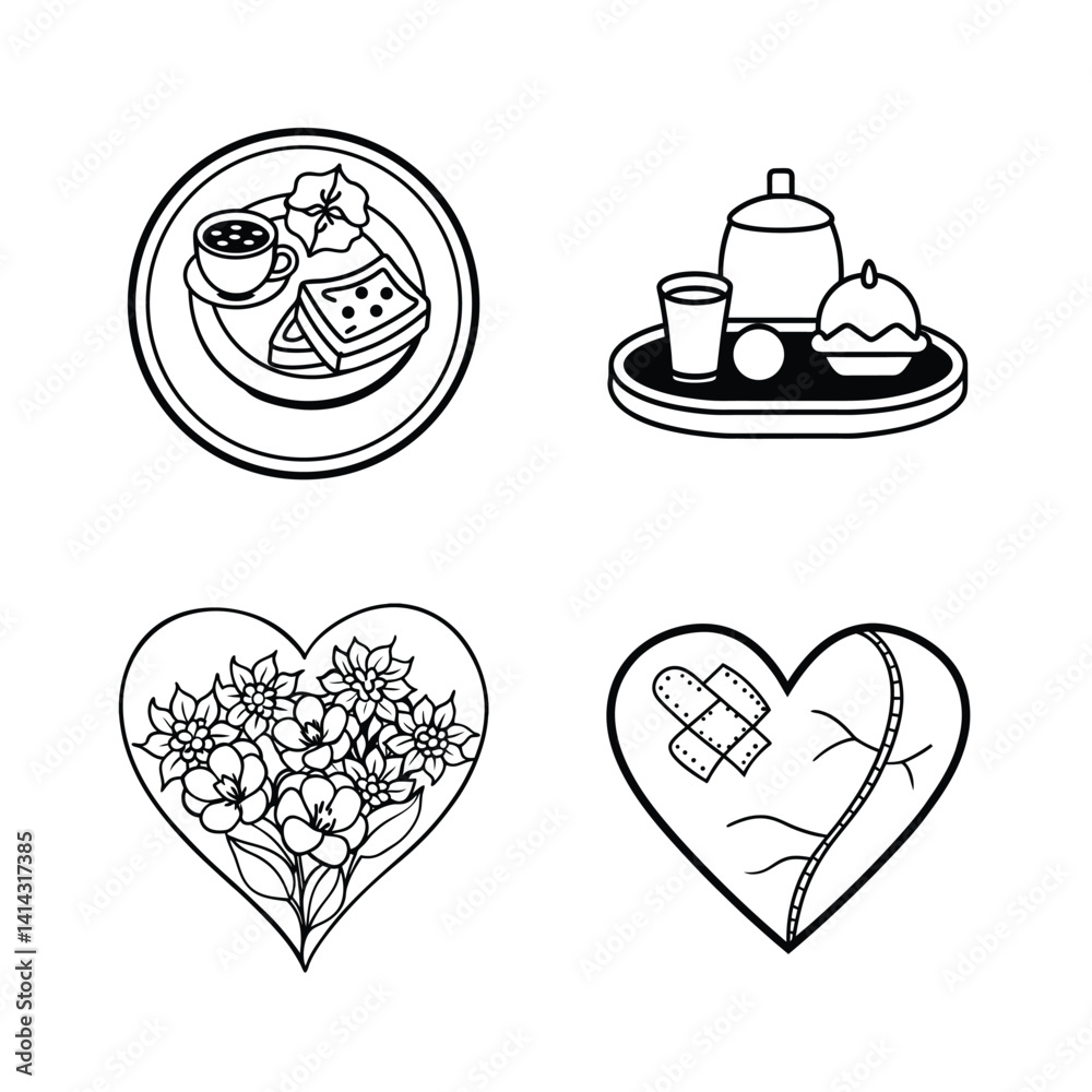 Black And White Outlined Food And Heart Illustrations Perfect For Valentines Day And Romantic Projects Depicting Love And Affection Black And White Outlined Food And Heart Illustrations Perfect For Valentines Day And Romantic Projects Depicting Love And Affection