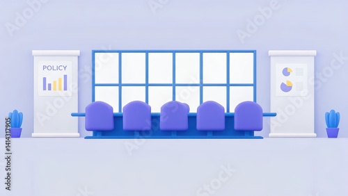 A modern conference room featuring blue chairs, a large window, and informational displays on policy and data.