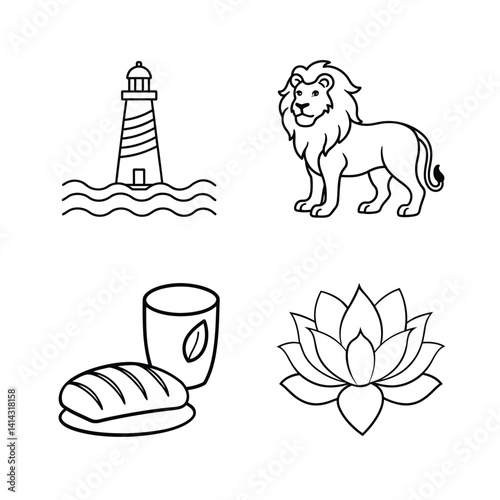 Minimalist Line Art Collection Featuring Lighthouse Lion Bread Cup And Lotus Flower In Black And White Style For Creative Projects