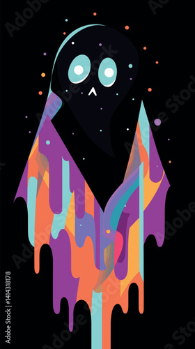 Colorful dripping ghost with bright patterns on black background flat vector illustration