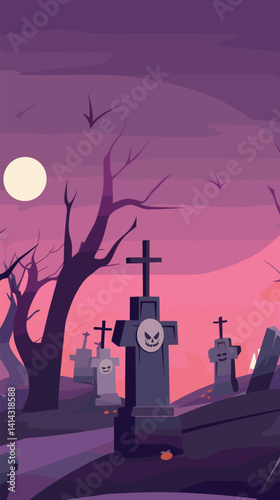 Spooky graveyard at night with full moon and bats in purple twilight flat vector illustration