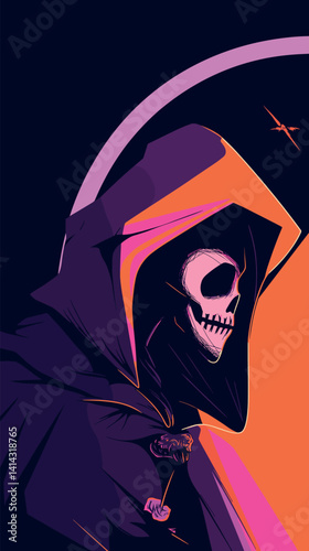 Colorful grim reaper with scythe and hooded cloak - dark background art flat vector illustration
