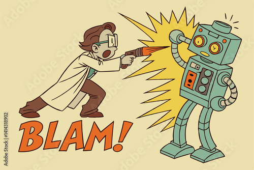 Cartoon Scientist Shoots Robot Blam