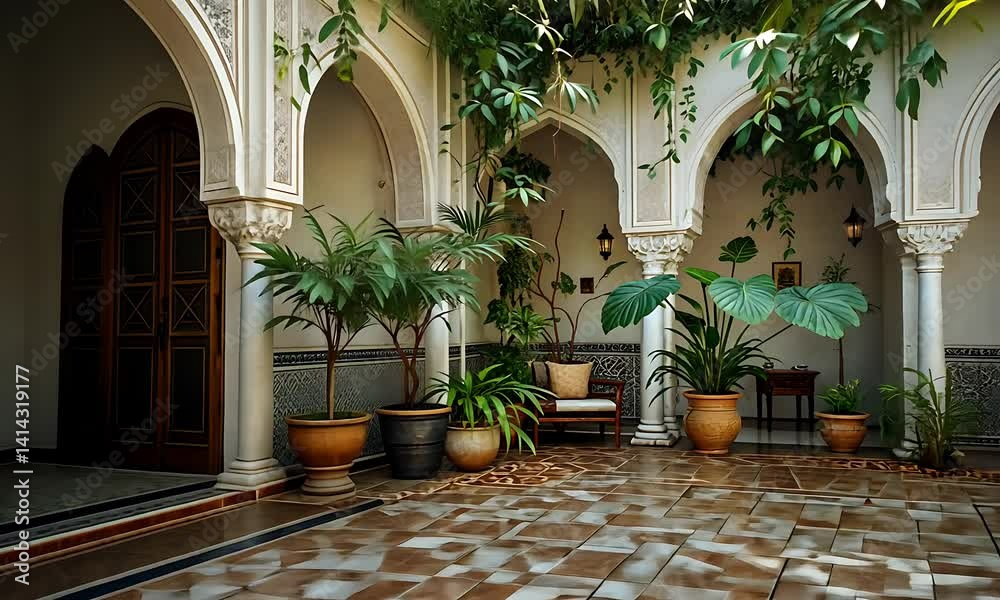 Exploring Tranquil Interior Courtyard with Lush Greenery and Architectural Details