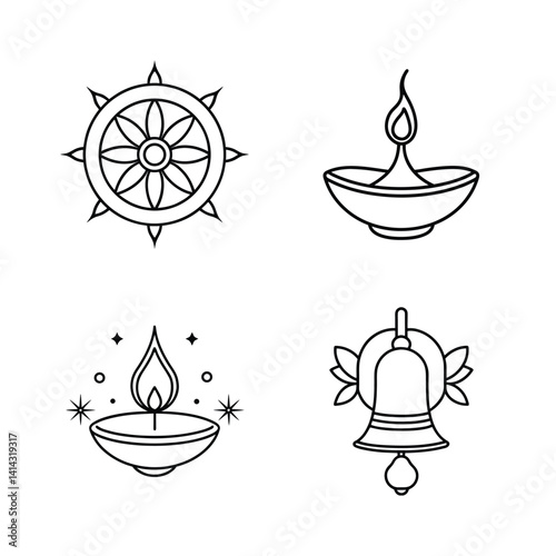 Diwali Elements Vector Set Featuring Wheel,Oil Lamps,And Bell In Simple Line Art Style On White Background