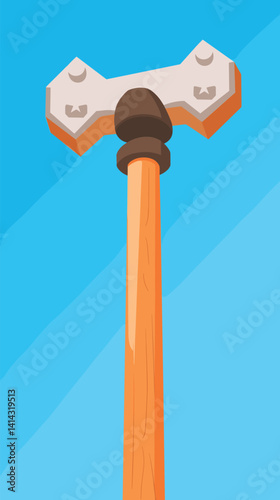 Viking war hammer on wooden handle against blue sky background flat vector illustration