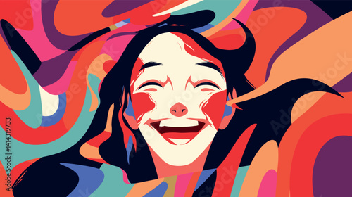Colorful abstract pop art of joyful female face with flowing hair flat vector illustration