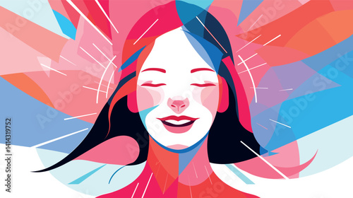Colorful abstract art of smiling young caucasian female with bold geometric patterns flat vector illustration