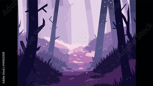 Mysterious enchanted forest pathway in purple hues at twilight flat vector illustration