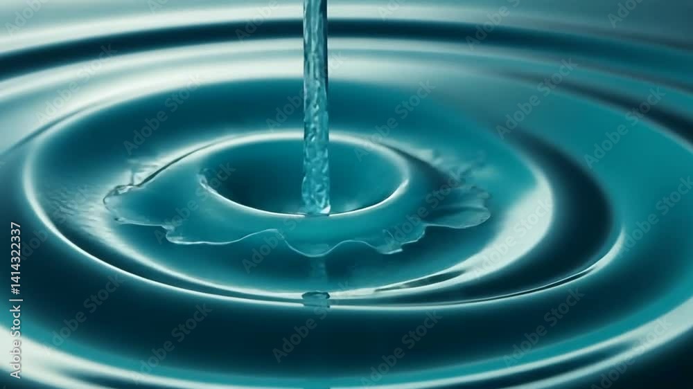 Close-up of a liquid stream creating a splash and ripples in a pool of the same liquid Close-up of a liquid stream creating a splash and ripples in a pool of the same liquid