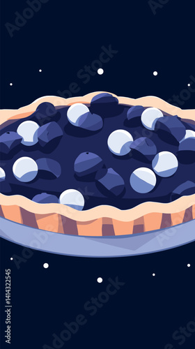 Blueberry tart with whipped cream on starry night background flat vector illustration