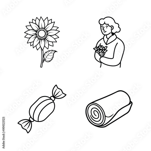 Black And White Doodles Of Sunflower,Woman With Flowers,Candy And Swiss Roll For Creative Projects
