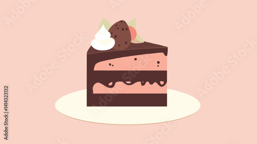 Chocolate cake slice with cream and fruit on plate flat vector illustration