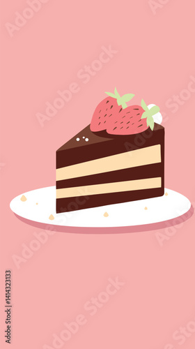 Delicious chocolate cake slice with strawberries on pink background flat vector illustration