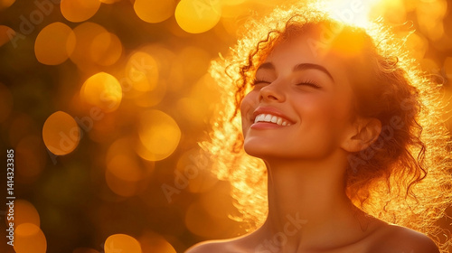 A cute girl is smiling against the background of a golden bokeh. Luxury  background of golden bokeh.A banner for advertising cosmetics. A snow-white smile and beautiful hair.