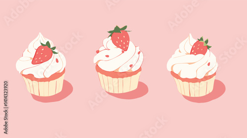 Three strawberry cupcakes with creamy icing on pastel pink background flat vector illustration