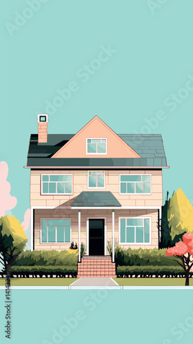 Charming two-story suburban house with lush greenery and bright sky flat vector illustration