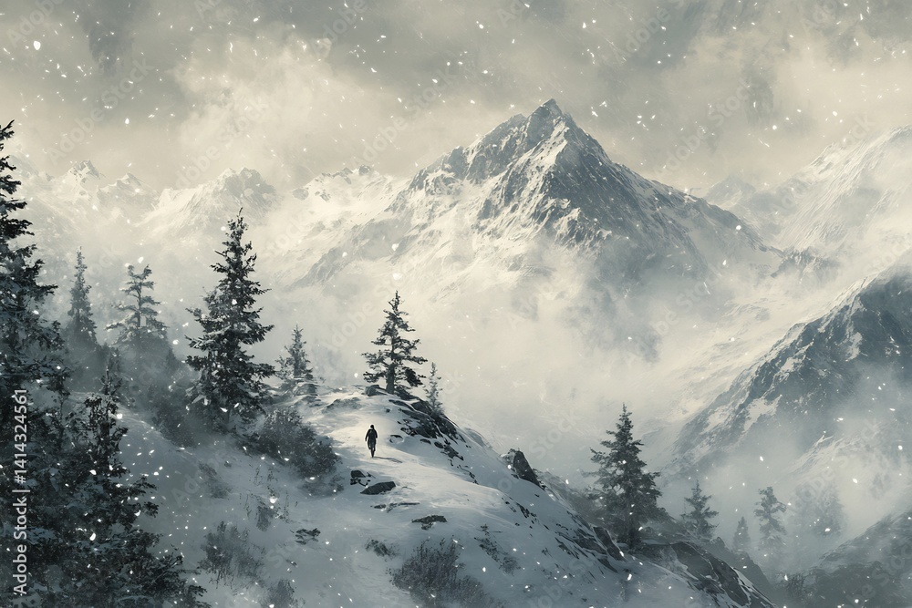 Obraz premium Snow capped mountain mist fog rolling over peak shrouding landscape mystery Snow covered tree create contrast against ethereal fog high resolution texture of snow mist lone figure walk along ridge