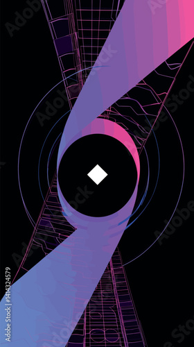 Futuristic abstract art with central geometric shape and neon colors flat vector illustration