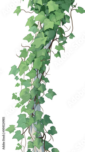 Lush ivy vines climbing on pole with green leaves on white background flat vector illustration