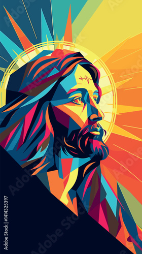 Colorful abstract portrait of jesus christ in geometric style with radiant halo flat vector illustration