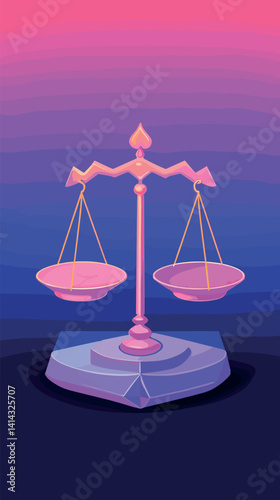 Abstract pink and purple balance scale against gradient background flat vector illustration