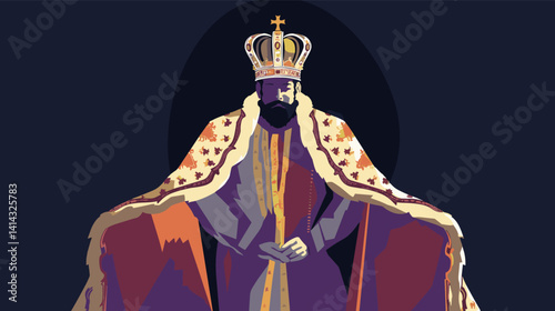 Regal male monarch in ornate crown and robe on dark background flat vector illustration