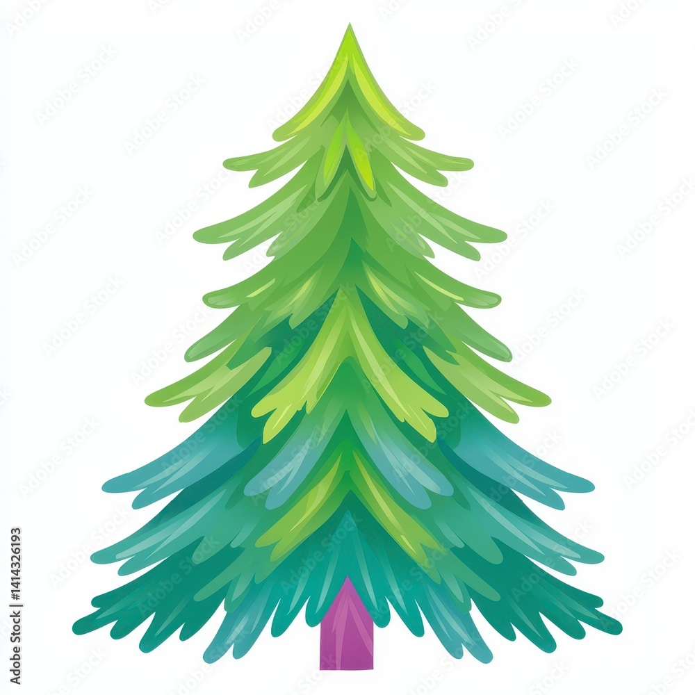 Fototapeta premium Stylized Evergreen Tree Illustration, Vibrant Green and Teal, White Background