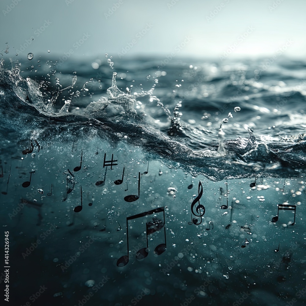 Dynamic ocean wave crashing with musical notes floating above water surface representing music and water energy interaction in nature scene Dynamic ocean wave crashing with musical notes floating above water surface representing music and water energy interaction in nature scene