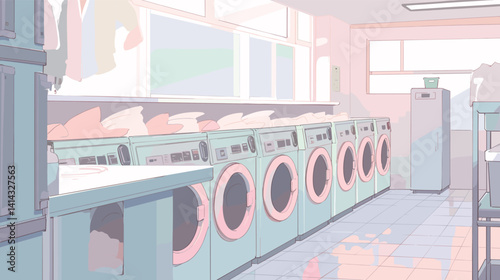 Pastel laundry room with vintage washing machines in soft light flat vector illustration