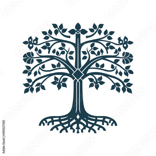 Tree of Enlightenment (Kalpavriksha) Stylized tree with roots and symmetrical branches, inspired by Jain manuscript art