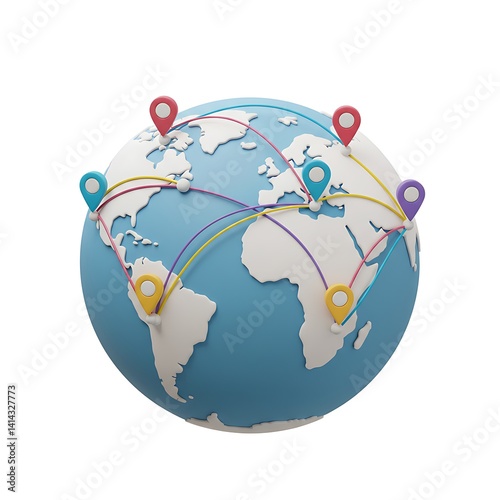 3D cartoon globe with pins and links