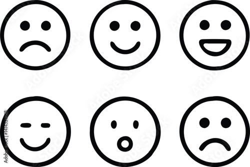Set of Simple Black Line Emojis Representing Various Emotions