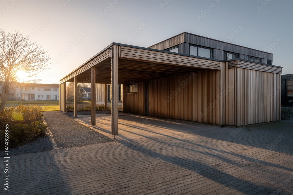 Fototapeta premium Modern wooden structure with large overhang, showcasing sleek design against a sunset backdrop, surrounded by greenery and pavers.