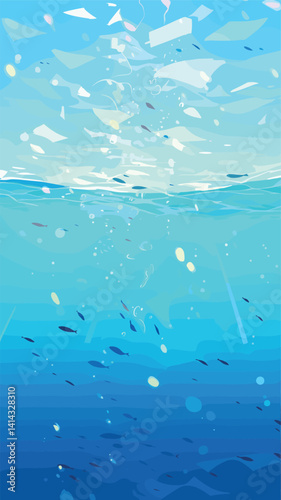 Underwater serenity with fish and sunlight reflections in deep blue ocean flat vector illustration