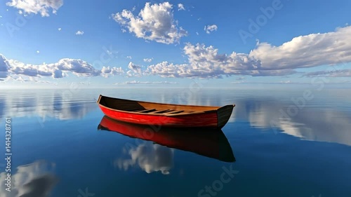 Serene red rowboat adrift on calm blue water, mirroring the sky's clouds