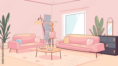 Cozy pastel living room with modern furniture and greenery flat vector illustration