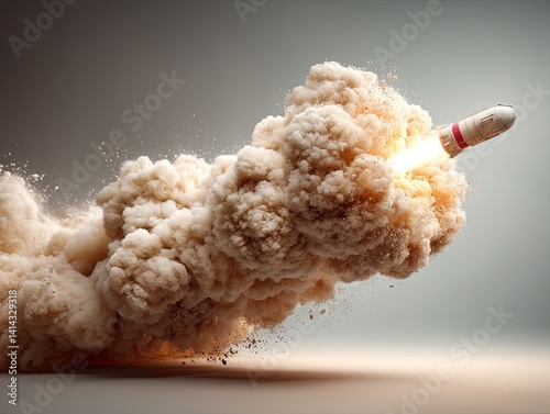 Dramatic scene of a rocket launching into space with fiery exhaust and thick clouds of smoke, showcasing powerful propulsion and explosive energy in mid-flight photo