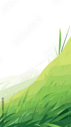 Lush green grass over hill with blades and white sky background flat vector illustration