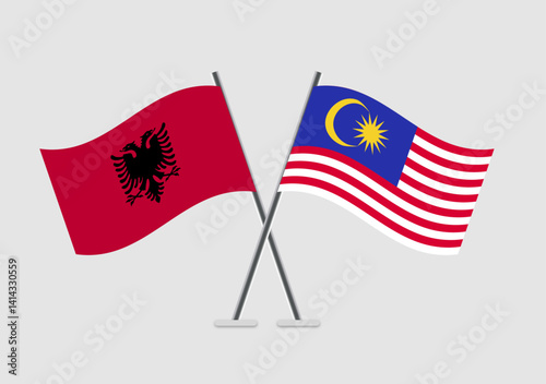 Albania and Malaysia vector flags with realistic flag motion