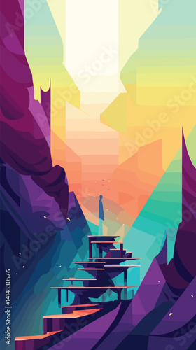 Abstract surreal landscape with colorful geometric shapes and a lone figure flat vector illustration