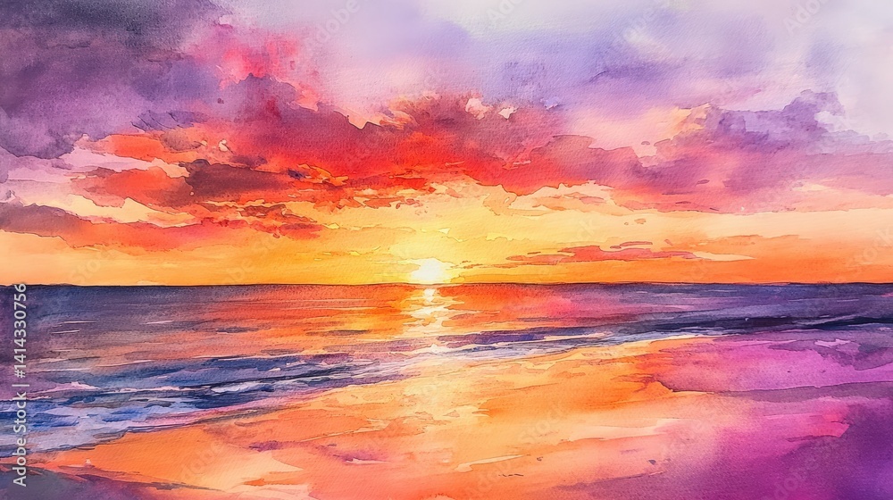 Obraz premium The beautiful watercolor painting of a tranquil beach sunset