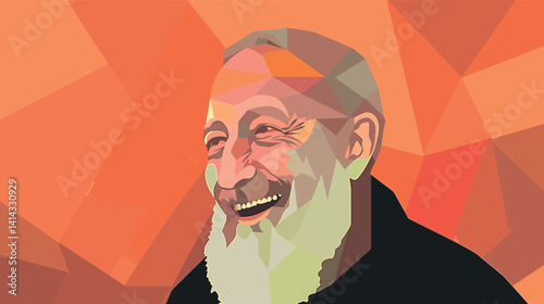 Polygonal art of elderly male with beard on geometric orange background flat vector illustration