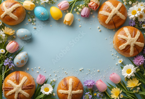 Easter-Themed Composition with Hot Cross Buns and Colorful Decorated Eggs